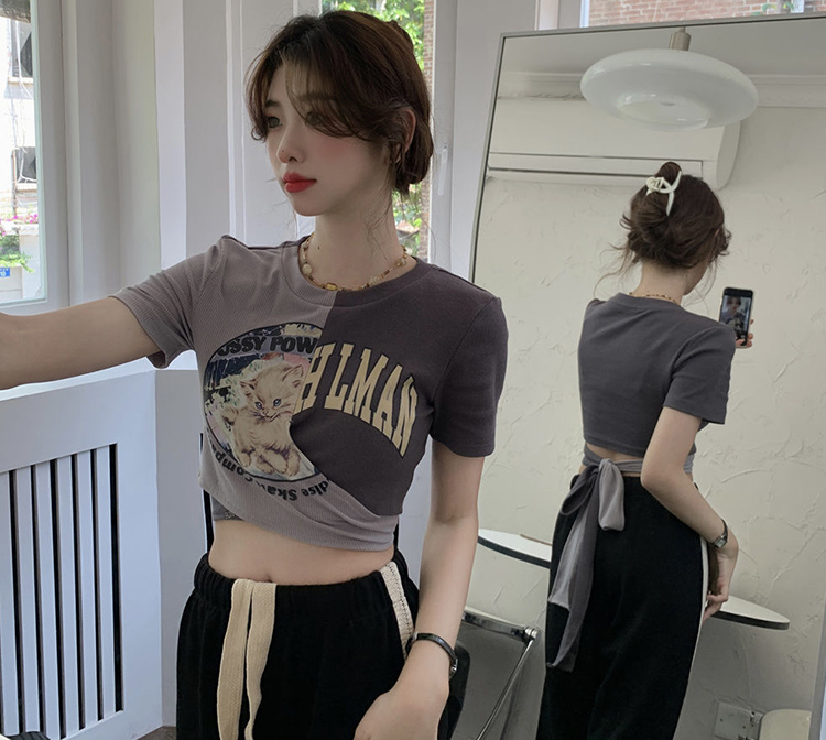 Official picture Designed short-sleeved sweet T-shirt for women with straps and contrasting colors Designed summer hot girl short top with exposed navel