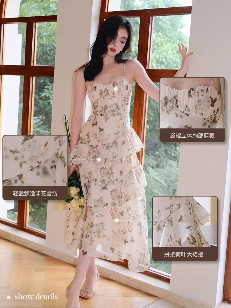 Long-sleeved dress for women 2024 summer gentle temperament slimming floral long V-neck fishtail skirt