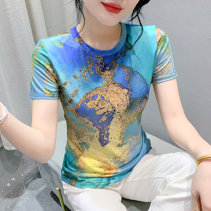 MY16995# 新款时尚定位印花短袖T恤打底衫修身上衣女女裝貨源服裝批發