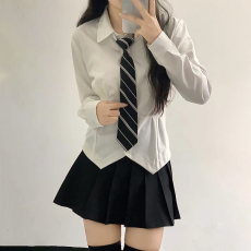 批发创峰酷丝绵jk制服夏季设计感学院风衬衣纯欲长袖收腰修身<b class='q'>白色</b>衬衫