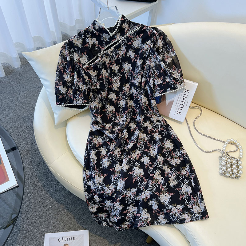 FA36336# 黑色旗袍女夏季新款改良国潮年轻款少女高端气质小个子短款 服裝批發女裝批發服飾貨源