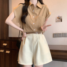 批发时尚显瘦套装女夏装新款大码胖MM穿搭洋气减龄衬衫阔腿短裤<b class='q'>两件套</b>