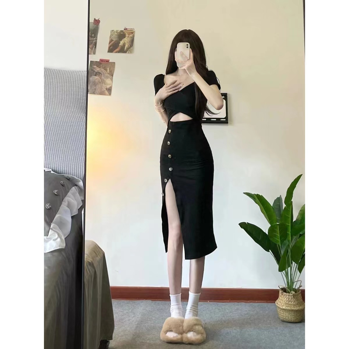 Mature hot girl pure lust style hot girl Yujie black short-sleeved slit hip-covering dress for women to slim down the waist