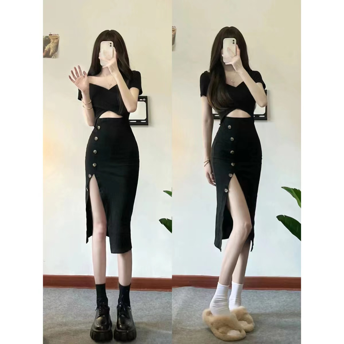 Mature hot girl pure lust style hot girl Yujie black short-sleeved slit hip-covering dress for women to slim down the waist