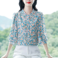 批发实拍雪纺<b class='q'>衬衫</b>女<b class='q'>衬衣</b>2026春夏季新款七分袖桑蚕丝上衣高档洋气小衫