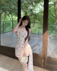 Real shot chiffon camisole short skirt French bow ribbon slim floral dress