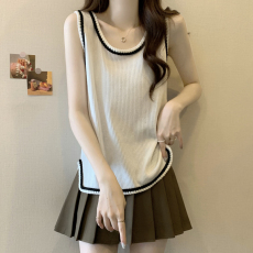 批发实拍2026<b class='q'>大码</b>女装夏季无袖针织<b class='q'>背心</b>胖mm遮肚子撞色T恤胖妹妹上衣