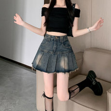 批发实拍实价~复古做旧毛边牛仔<b class='q'>半身裙</b>女新款辣妹百褶裙子高腰a字短裙