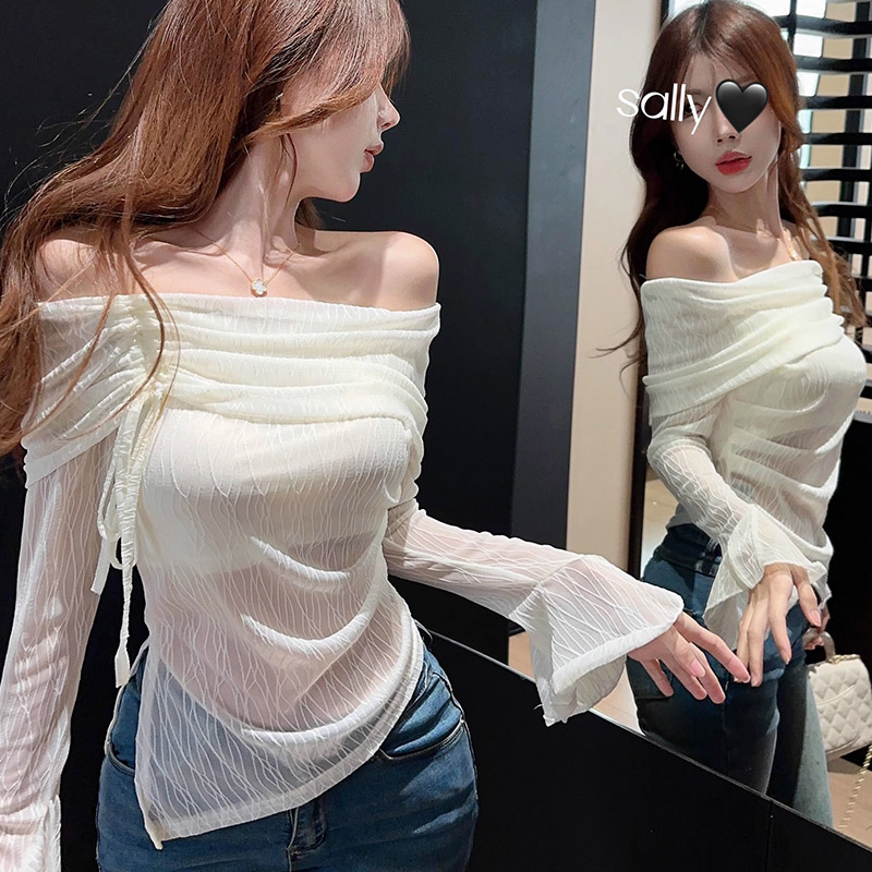 Official picture Designed long-sleeved T-shirt women's sun protection shirt slim one-line collar off-shoulder temperament short slightly see-through top spring and summer