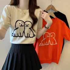 实拍2026年大码女装夏季新款提花卡通图案冰丝上衣胖mm针织T恤衫