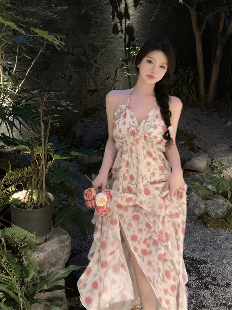 Real shot of summer sexy V-neck bust pad halter neck chiffon floral slit backless long skirt dress holiday skirt for women