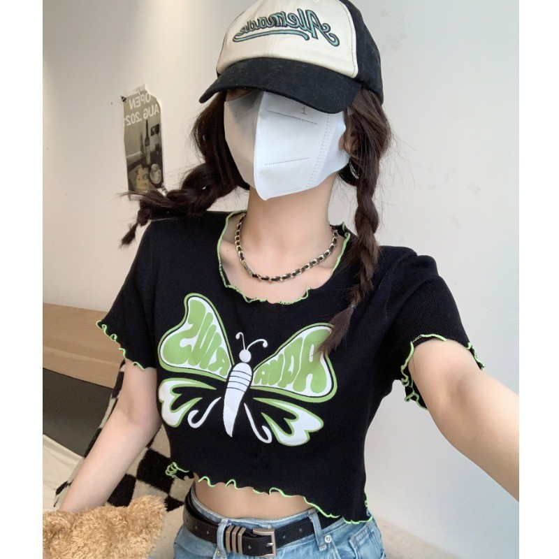 Official picture 6535 stretch cotton hot girl niche short-sleeved T-shirt women 2024 summer slim fit fungus short top