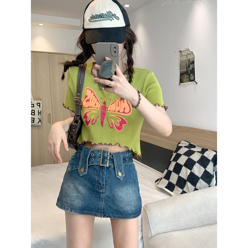 Official picture 6535 stretch cotton hot girl niche short-sleeved T-shirt women 2024 summer slim fit fungus short top