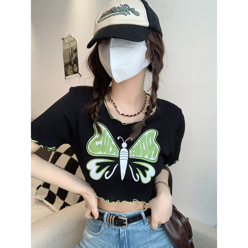 Official picture 6535 stretch cotton hot girl niche short-sleeved T-shirt women 2024 summer slim fit fungus short top