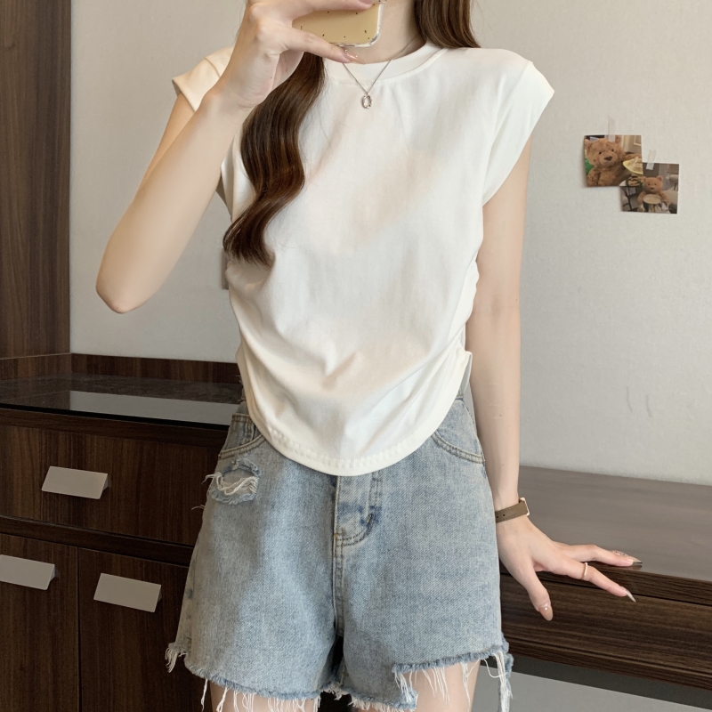 Actual shot 40 count pure cotton 2024 summer wear flying sleeves waisted short-sleeved T-shirt women's tops