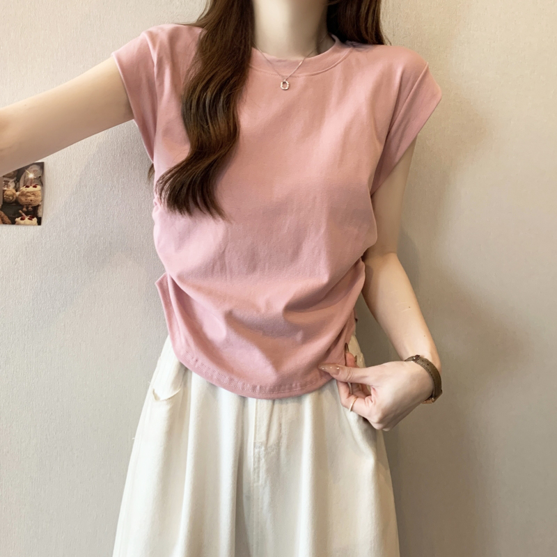 Actual shot 40 count pure cotton 2024 summer wear flying sleeves waisted short-sleeved T-shirt women's tops