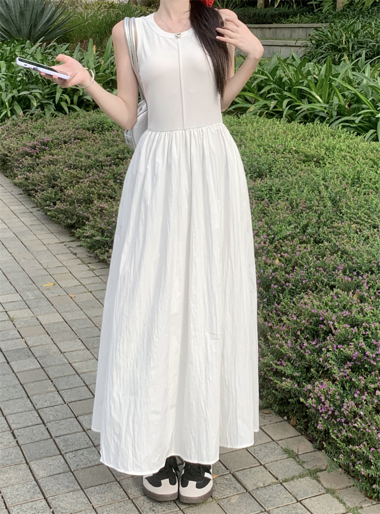 Actual shot ~French white tank top sleeveless dress women's new design knitted waist long skirt