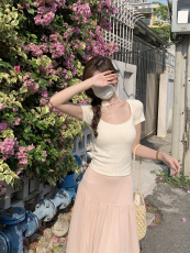 实拍实价 夏季韩版纯欲方领修身小个子百搭安迪绒针织短袖上衣女
