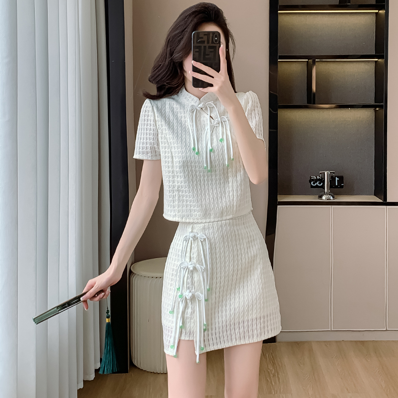 FA25966# 新中式国风轻奢套装女裙子夏高级感小个子洋气休闲短裙时髦两件套 服裝批發女裝批發服飾貨源
