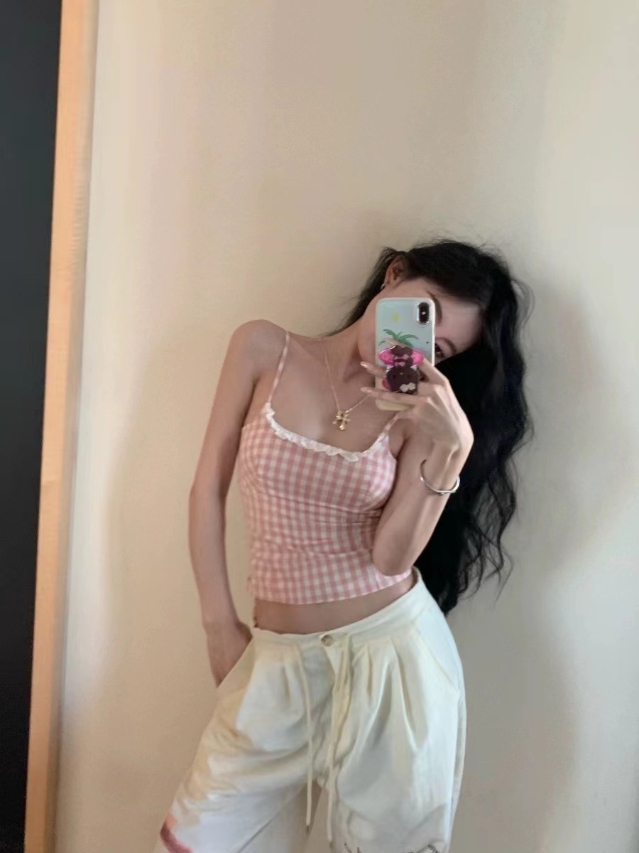 Official Photo Sweet Pink Plaid Camisole Women's Summer Hot Girl Top Lace Splicing Short Bottoming Shirt