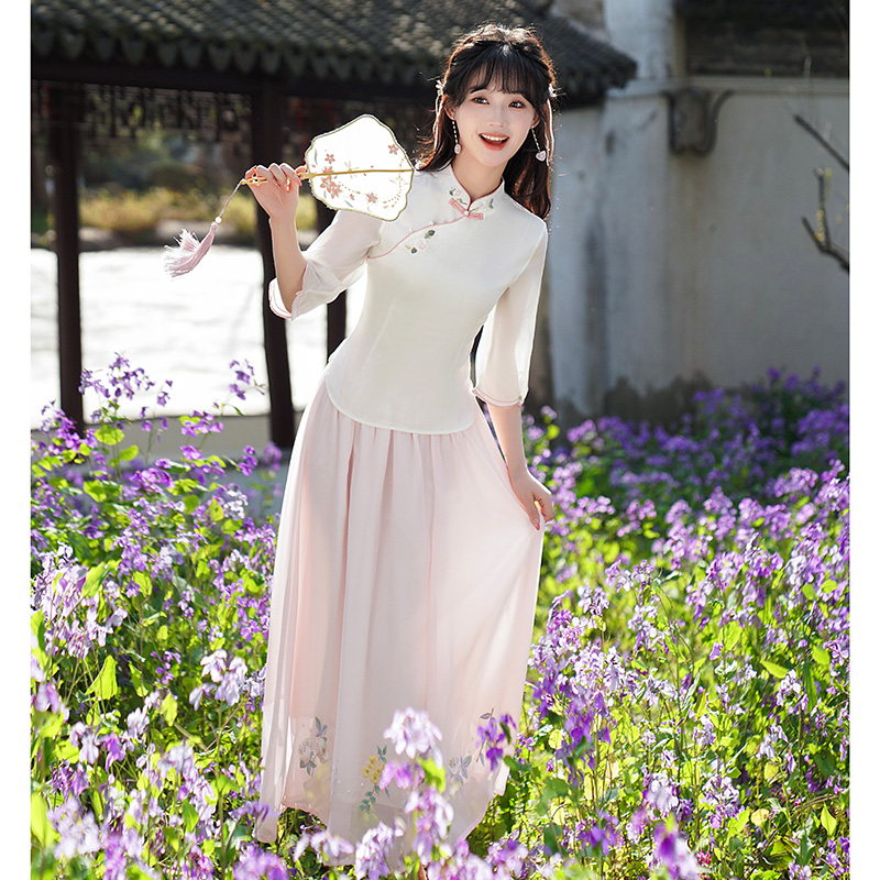 RY8419# 夏季新款改良国风刺绣修身上衣半身裙套装小清新
