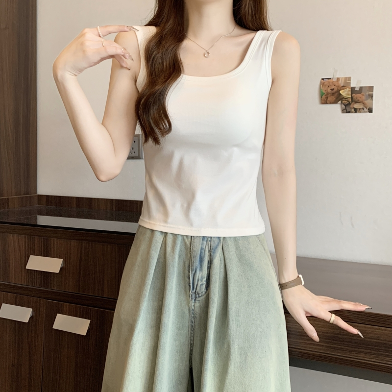 Real shot 40 count pure cotton 2024 summer camisole women's top solid color sleeveless T-shirt short slim fit bottoming shirt