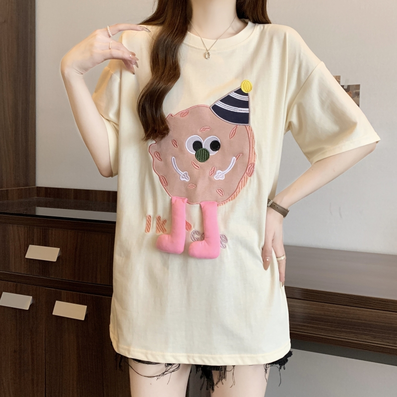 Real shot 32 double yarn 2024 summer towel embroidered short-sleeved T-shirt women's loose mid-length top