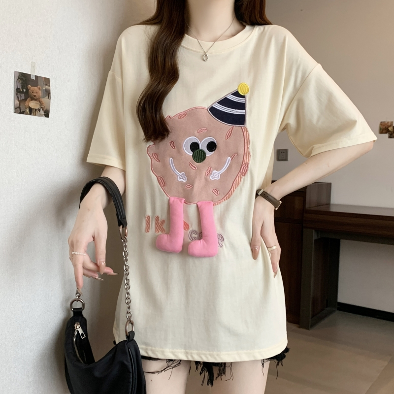 Real shot 32 double yarn 2024 summer towel embroidered short-sleeved T-shirt women's loose mid-length top