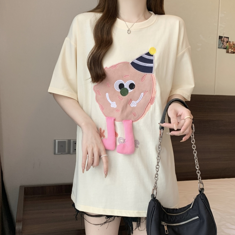 Real shot 32 double yarn 2024 summer towel embroidered short-sleeved T-shirt women's loose mid-length top