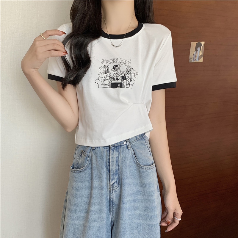 Real shot 6535 cotton short-sleeved t-shirt women's high-waisted short half-sleeved top