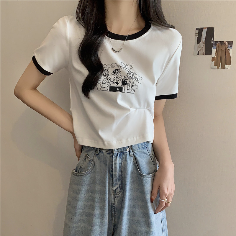 Real shot 6535 cotton short-sleeved t-shirt women's high-waisted short half-sleeved top