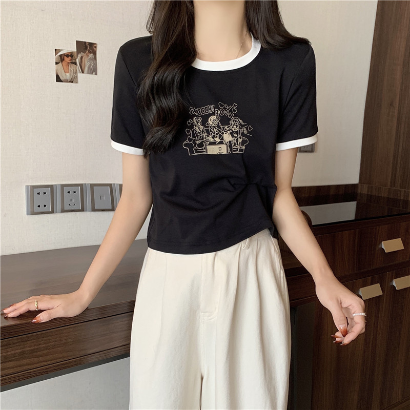 Real shot 6535 cotton short-sleeved t-shirt women's high-waisted short half-sleeved top