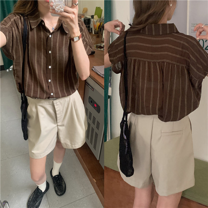 Actual shot Korean style simple versatile striped thin polo collar short-sleeved shirt