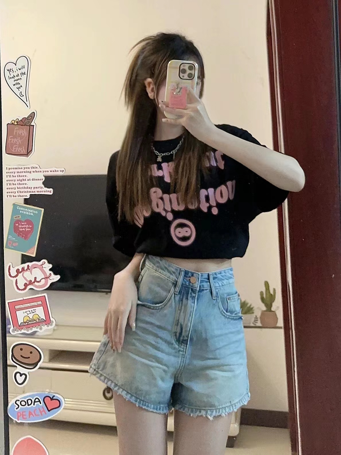 Summer new American retro short T-shirt top with denim shorts fashionable two-piece suit for women