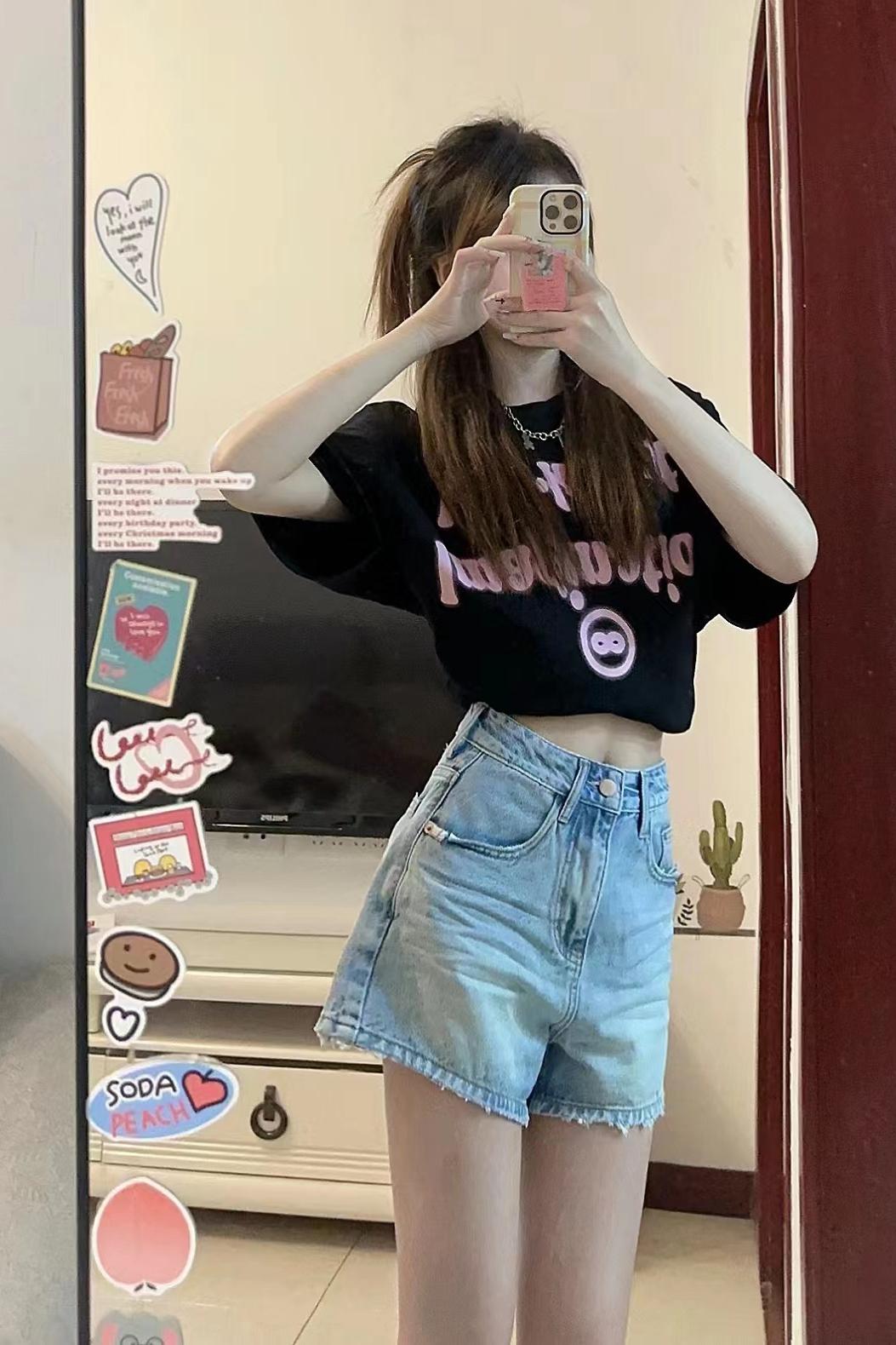 Summer new American retro short T-shirt top with denim shorts fashionable two-piece suit for women