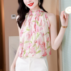 批发实拍2026雪纺挂脖立体玫瑰花甜美清爽减龄<b class='q'>无袖</b>夏季印花飘逸背心