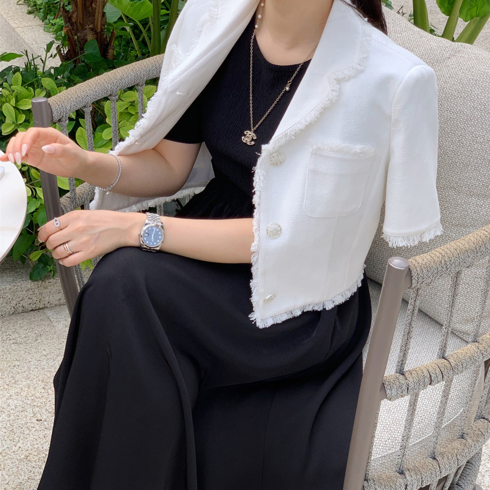 작은 샤넬 스타일 반팔 정장 작은 외투 여성 레저 한국 chic 빛 요리 한 작은 대중 디자인 센스 빛 럭셔리 명문 여성