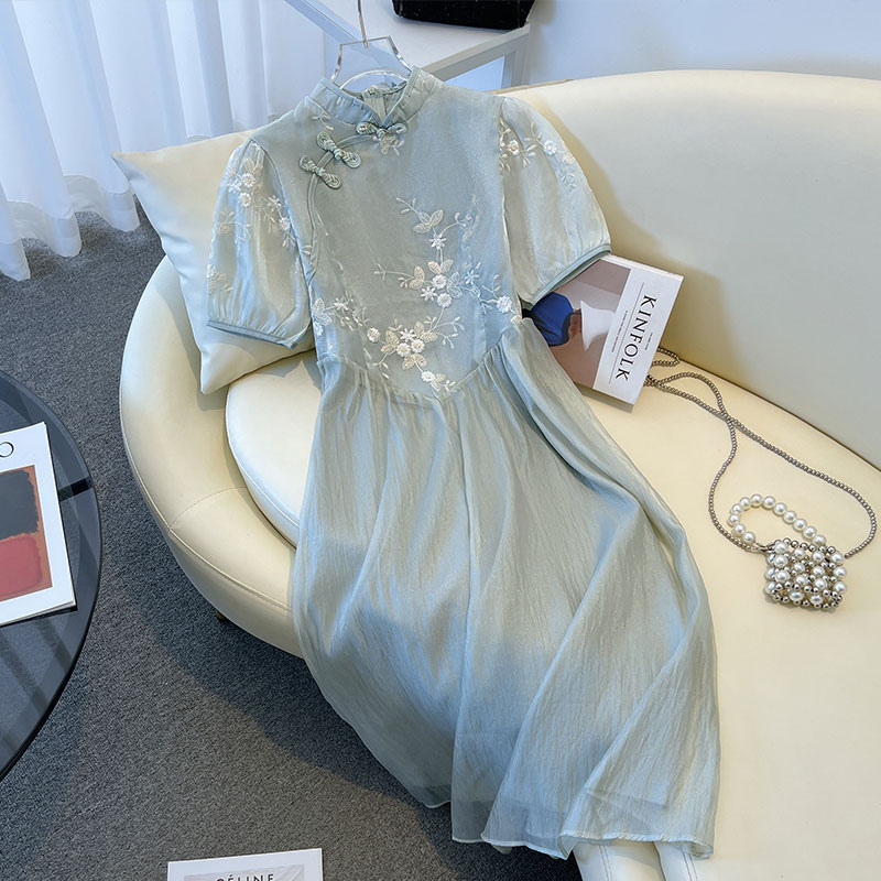 FA36334# 新中式改良版旗袍夏季新款收腰显瘦立领短袖超仙温柔系连衣裙 服裝批發女裝批發服飾貨源