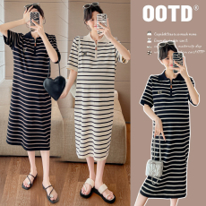 批发实拍孕妇夏装新款短袖时尚宽松气质显瘦减龄孕妇条纹中长款<b class='q'>连衣裙</b>