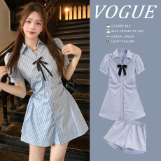 批发外出哺乳套装 2026<b class='q'>学院风</b>套装收腰显瘦条纹<b class='q'>衬衫</b>连衣裙+高腰短裤