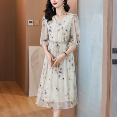 批发2026年新款V领印花桑蚕丝中长款时尚大气<b class='q'>连衣裙</b>