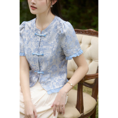 批发2026夏季新款中式国风盘扣圆领花边泡泡短袖衬衫女气质修身小衫
