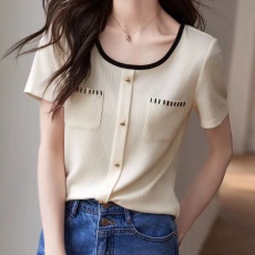 撞色明线休闲短袖2024夏季新款韩版气质优雅设计感T恤女