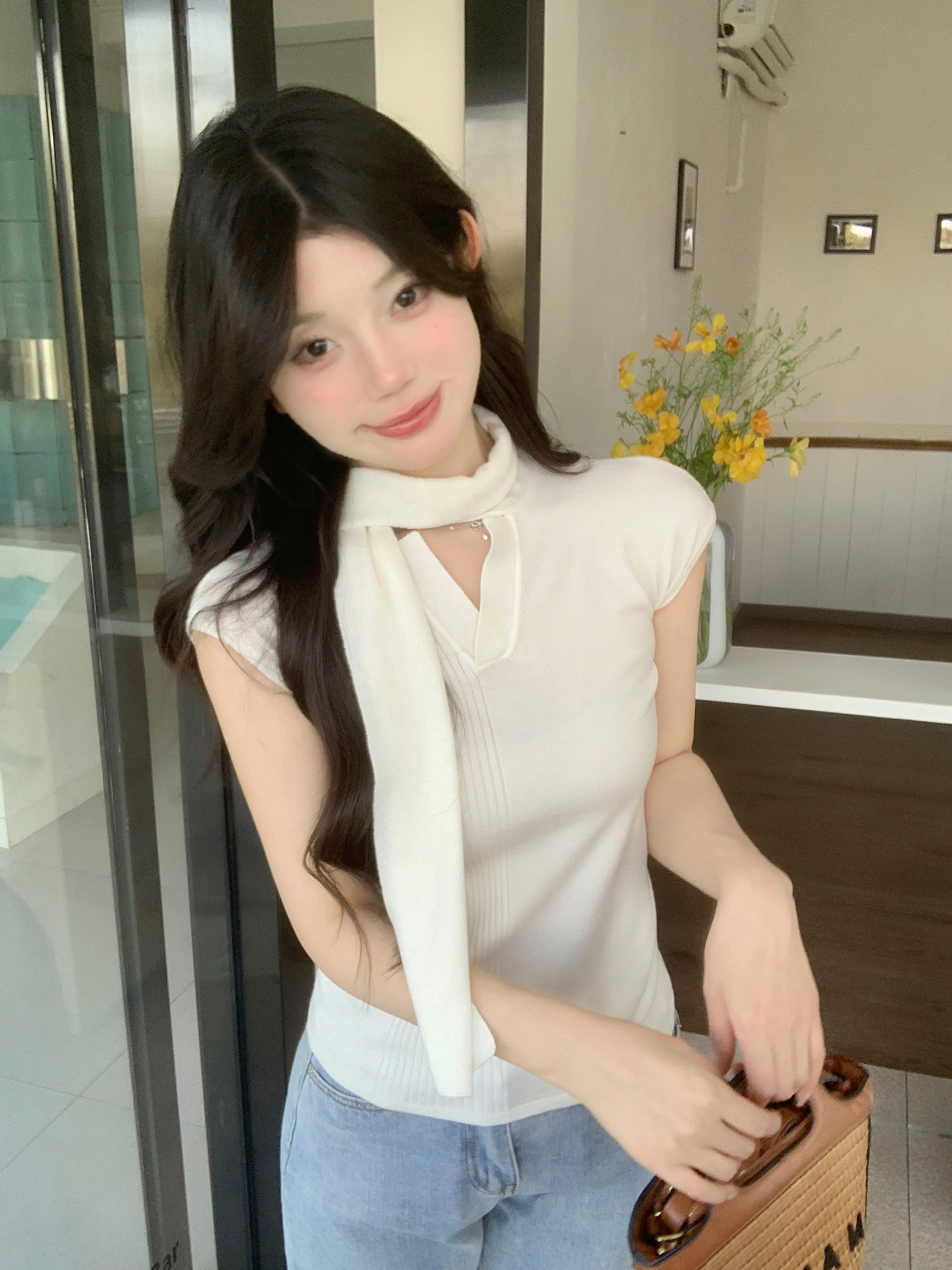 LN24596# 韩系女主针织短袖上衣打底飘带上衣服裝批發女裝批發服飾貨源