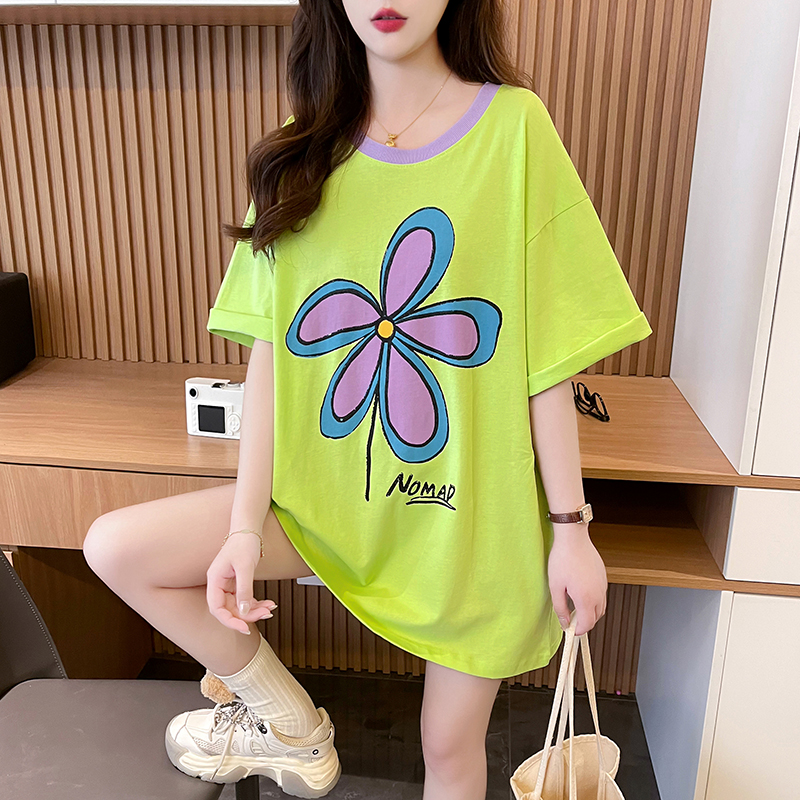 Actual shot of pure cotton 200g back collar mid-length contrasting color round neck short-sleeved T-shirt women's loose large size summer top