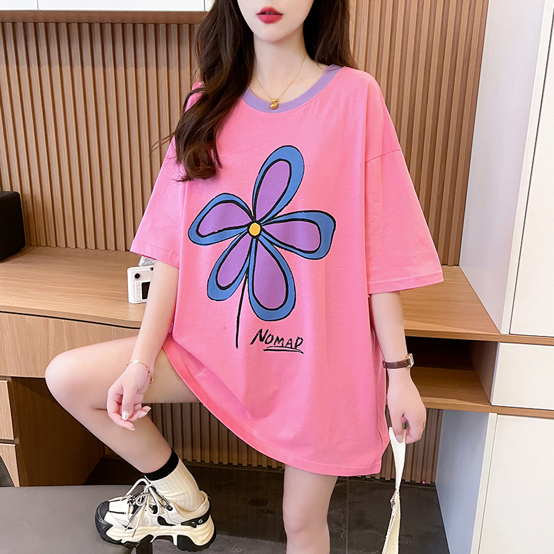 Actual shot of pure cotton 200g back collar mid-length contrasting color round neck short-sleeved T-shirt women's loose large size summer top