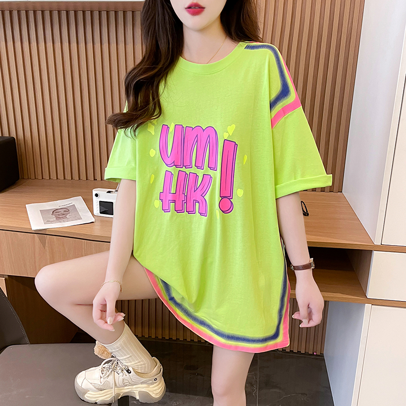 Actual shot of pure cotton 200g back collar mid-length round neck graffiti short-sleeved T-shirt women's loose large size summer top