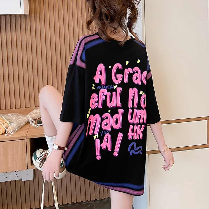 Actual shot of pure cotton 200g back collar mid-length round neck graffiti short-sleeved T-shirt women's loose large size summer top