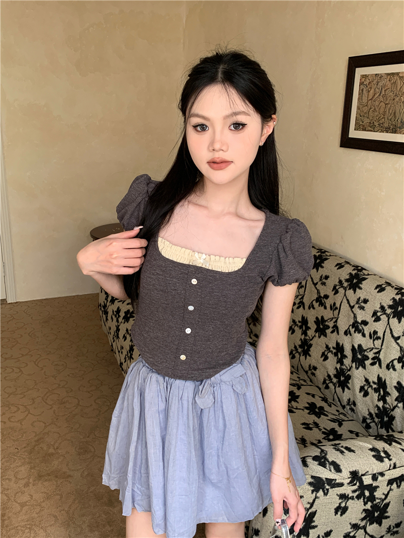 FA32151# 百搭miu系少女蕾丝花边短款显瘦短袖T恤 服裝批發女裝批發服飾貨源