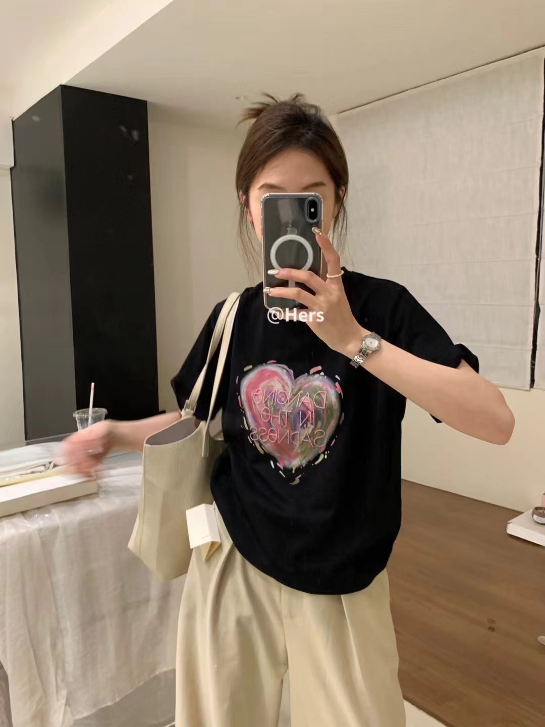 hers 여름 새로운 한 세대 자수 사랑 티셔츠 단순한 여가 느슨한 슬림 둥근 목 만나는 짧은 소매 맨위